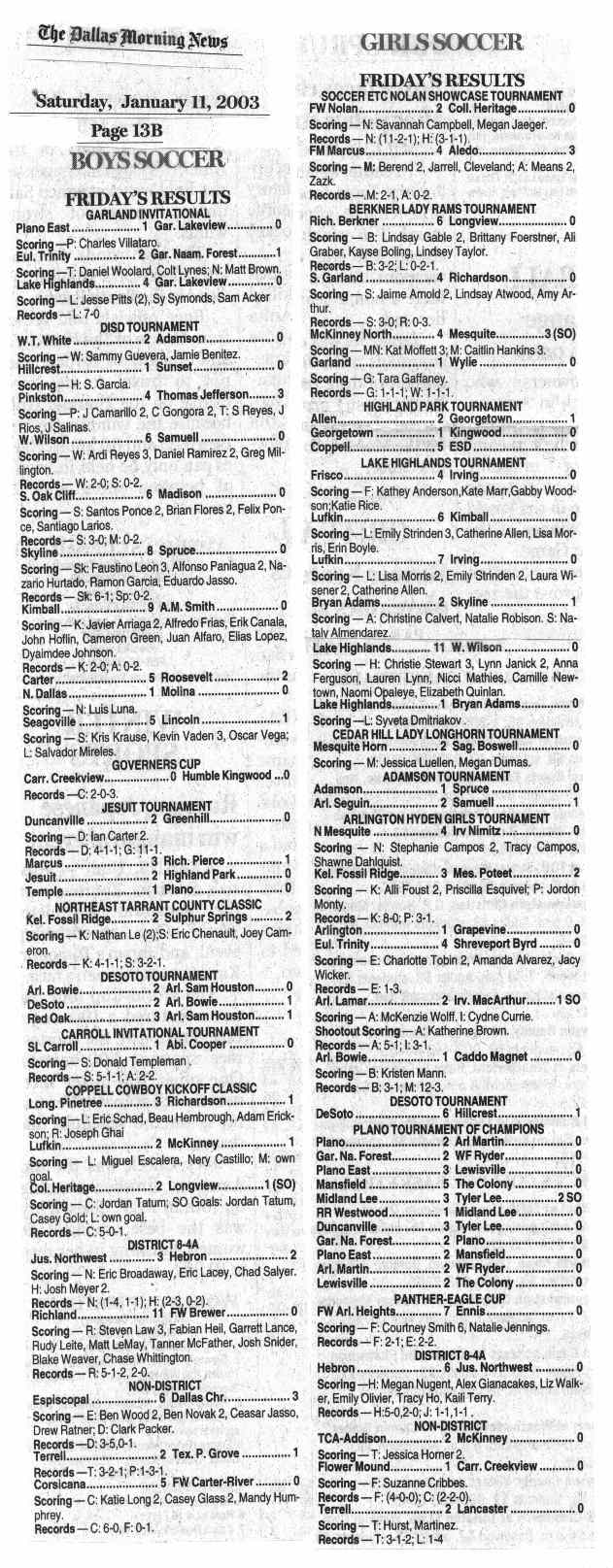 Image Credit:  The Dallas Morning News, from Saturday January 11, 2003.  Summary of boys high school soccer action.