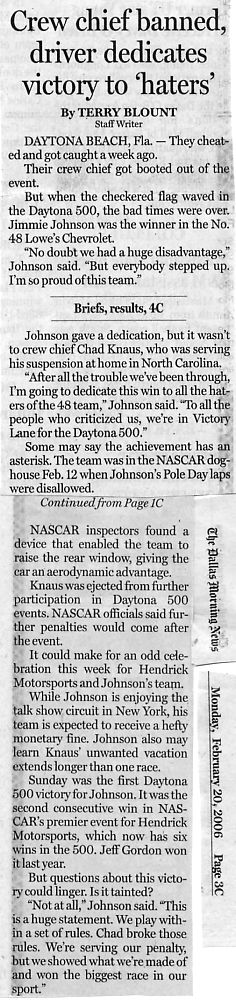 Image Credit: Dallas Morning News, February 20, 2006, pages 1 & 4, article entitled "Checkered Path" by Terry Blount.