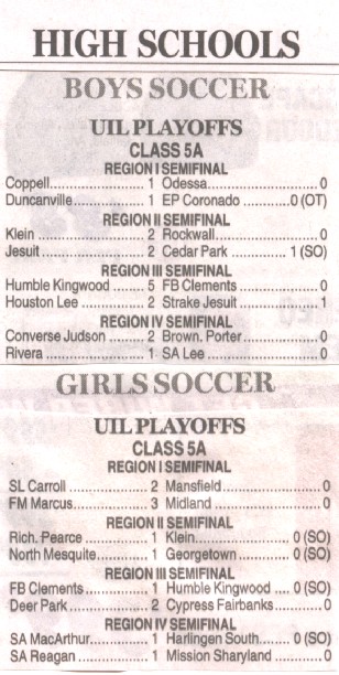Image Credit: The Sweet Sixteen of Texas High School Soccer, thanks to the Fort Worth Star-Telegram, week of 4-9-2005. At this stage of the tournament, matches are played at locations across the great state of Texas.