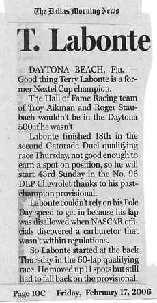 Image Credit: Dallas Morning News, February 17, 2006, article entitled "Daytona Briefs" by Terry Blount. Imagine just how busy the NASCAR officials are in an environment such as this, where at all levels the motto is: "That's racin'."