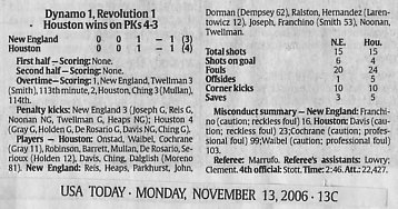 Image Credit:  USA Today, November 13, 2006 issue, reporting results of the 2006 MLS Cup Championship match between Houston and New England.