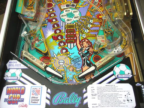 Photo Credit: Allen Shope via the International Pinball Database, this is the lower playing surface of the Bally World Cup Soccer '94 Pinball Machine