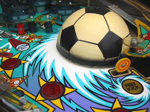 Photo Credit: Allen Shope via the International Pinball Database, this is the upper playing surface of the Bally World Cup Soccer '94 Pinball Machine