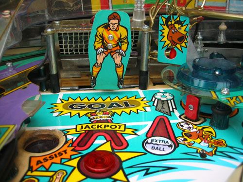 Photo Credit: Allen Shope via the International Pinball Database, this is closer detail of the upper playing surface of the Bally World Cup Soccer '94 Pinball Machine