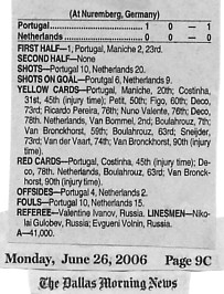 Image Credit: The Dallas Morning News, June 26, 2006, page 9c, the stats on the World Cup 2006 match between Portugal and Holland, which set the record for red cards, and tied the record for yellow cards.