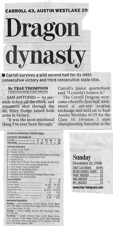 Ranked nationally as high as #1 during the past 3 years, Carroll's Coach Dodge embraces an entertaining, high production offense which is simply hard to resist. Look over the following evidence of what high school football is all about, not only at the highest levels of the game, but in the championship match of a major tournament