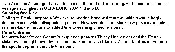 Image Credit: Taken from the article "Zidane Strikes Stun England" by Adrian Harte from Estádio da Luz.