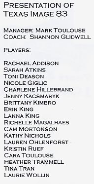 Roster of the Texas Image 83 Girls Club Soccer Team for 2000-2001 Season...taken from the Club Banquet Handout on April 8, 2001: Rachael Addison, Sarah Atkins, Toni Deason, Nicole Giglio, Charlene Hillebrand, Jenny Kacsmaryk, Britt, Erin King, Erin King, Lanna King, Richelle Magalhaes, Cam Mortonson, Kathy Michols, Lauren Ohlenforst, Kristin Ruef, Cara Toulouse, Heather Trammell, Tina Tran, Laurie Wollin, Coach Shannon Glidwell