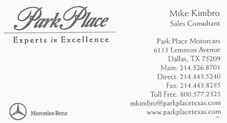 Business card of Mike Kimbro while at Park Place Mercedes Benz on Lemmon Ave in Dallas, TX. This dealership was part of the Park Place Motorcars organization which included Lexus and Bentley automobiles.